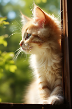 A curious orange and white kitten peers out of a window, its bright eyes fixed on the world beyond. Its fluffy fur and playful expression capture the essence of youth and innocence.の素材