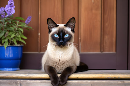 A Siamese cat with striking blue eyes sits on a porch next to a potted plant, its sleek fur and graceful pose capturing the essence of feline beauty and elegance.の素材