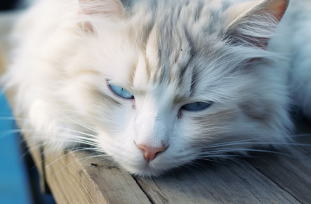 A serene white cat with piercing blue eyes lounges contentedly on a wooden table, its fluffy fur and peaceful expression capturing the essence of feline tranquility and grace.の素材