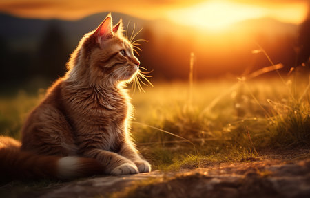 Serene cat with golden fur surveys a tranquil field at sunset, its graceful form and peaceful expression capturing the essence of feline tranquility and contentment.の素材
