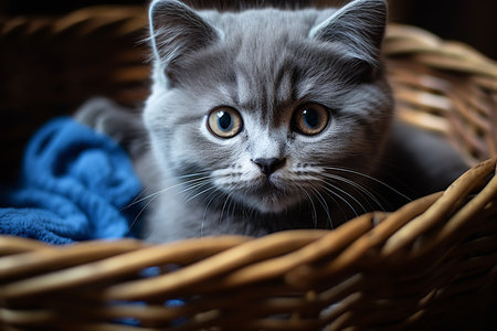 A fluffy kitten with big, blue eyes sits in a wicker basket, surrounded by a ball of yarn and a few daisy flowers.の素材