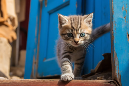 A curious kitten with bright green eyes peeks through a hole in a cardboard box, its tail curled around itself.の素材