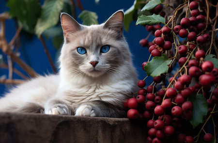 A fluffy white cat with bright blue eyes sits on a red ledge next to a branch of red berries, its tail curled around itself.の素材