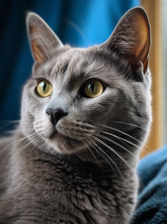 Close-up photo of a sleek black cat with bright green eyes sitting on a red couch. The cat is looking directly at the camera with a curious expressionの素材
