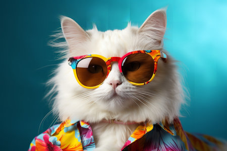 Mesmerizing close-up photo of a white cat with bright green eyes wearing sunglasses and a Hawaiian shirt. The cat is sitting on a yellow wall, looking directly at the camera with a confident expression.の素材