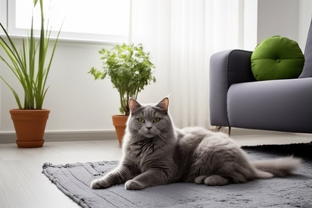 A close-up photo of a fluffy gray cat lying on a rug in a living room. The cat has its head turned to the side and is looking at the camera. Its fur is soft and well-groomed, and its eyes are bright and clear.の素材