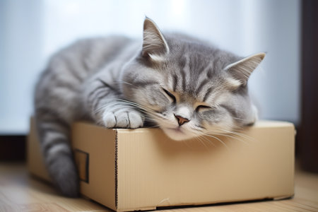 Close-up of a tabby cat with green eyes sitting on a windowsill. The cat has a soft and fluffy coat, and its eyes are bright and curious.の素材