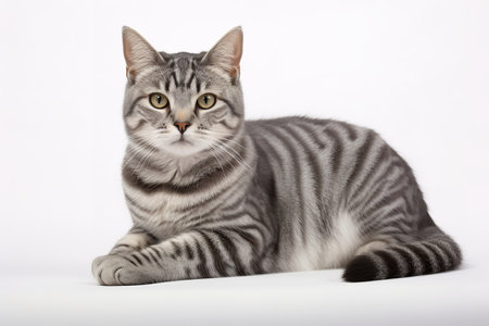 Close-up of a fluffy striped cat with bright yellow eyes sitting on a white background. The cat has a soft and luxurious coat, and its eyes are sparkling with playfulness.の素材