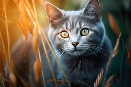 Close-up of a gray cat with large green eyes and a fluffy coat. The cat is looking directly at the camera with a curious expression. Its ears are perked up and its tail is curled around its body.の素材