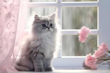 a fluffy white kitten sitting on a windowsill next to a pink flower, looking out the window with a curious expression. The kitten has soft fur and bright green eyes.の素材