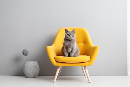 an adorable orange kitten with large green eyes sitting on a yellow chair, looking directly at the camera with a curious expression.の素材