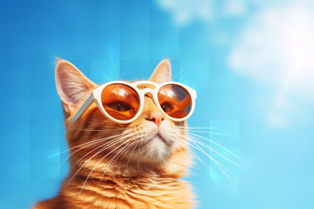 a cat wearing sunglasses against a clear blue sky, looking directly at the camera with a curious expression. The cat has soft fur and big green eyesの素材