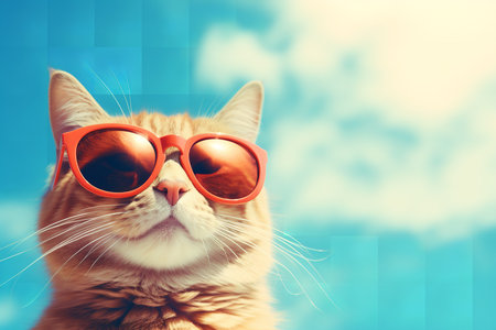 an adorable fluffy white cat with large blue eyes wearing sunglasses and a brightly colored Hawaiian shirt, sitting on a bright yellow backgroundの素材