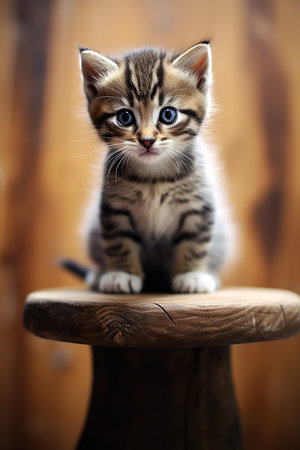 a curious kitten with large blue eyes and soft orange fur sitting on a wooden stool. The kitten is looking directly at the camera with a playful expression. Its fur and eyes contrast beautifully with the natural wood of the stool.の素材