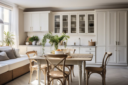 Captivating kitchen with state-of-the-art appliances, sleek white cabinets, and a spacious island. The modern design and natural light create a bright and inviting atmosphereの素材