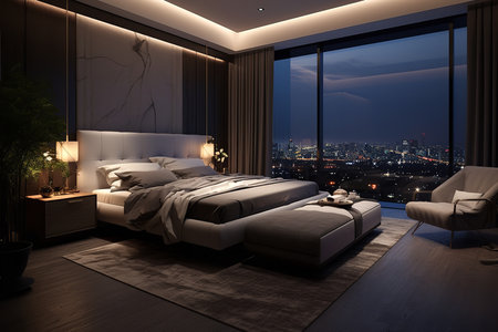 Serene bedroom with a queen-sized bed, cozy chair, and window with a stunning view of the city skyline at night. The warm glow of the bedside lampの素材