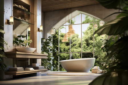 A spacious and modern bathroom with a freestanding bathtub, glass shower, and double vanity. The freestanding bathtub is the focal point of the roomの素材
