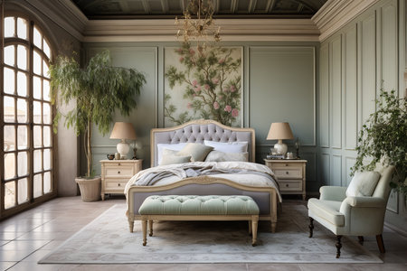 A cozy modern bedroom with a white bed, black nightstands, and a painting on the wall. The bed is neatly made with white sheets and a fluffy duvet.の素材