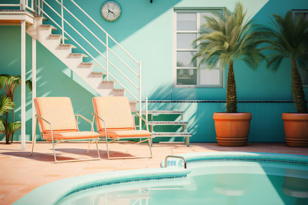 A swimming pool with a spiral staircase in the background is surrounded by palm trees and a wooden deck. The pool is blue and has a clear reflection of the sky and clouds.の素材