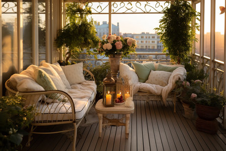 The cozy furnishings and cheerful dÃ©cor invite relaxation and conversation, while the gentle breeze and blooming flowers create a sense of peace and tranquility.の素材