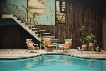 Serene pool scene with swaying palm trees, plush sun loungers, and crystal-clear turquoise water, offering a tranquil oasis to escape the hustle and bustle of everyday life.の素材