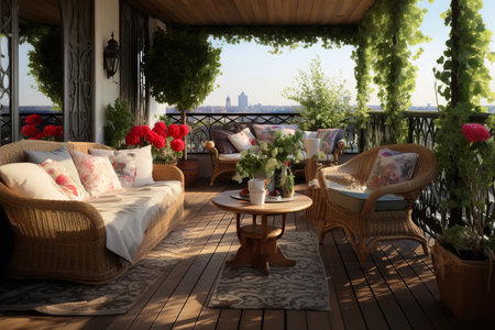 Inviting balcony with wicker sofa, chairs, and table adorned with flowers and plants, providing a comfortable and stylish space to relax and enjoy the breathtaking city views.の素材