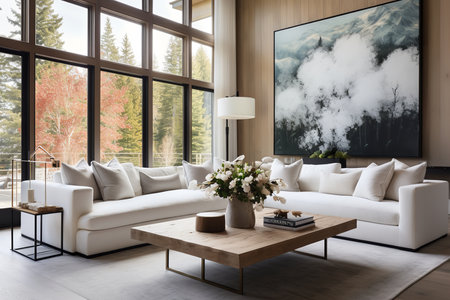 Cozy living room with large abstract painting on the wall, inviting relaxation and creativity.の素材