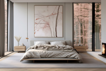 Striking bedroom with inviting bed, soft rug, and large abstract painting above bed, creating a bold and stylish statement. The painting's vibrant colors and dynamic brushstrokesの素材