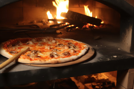 A plate of pizza sitting on top of a pizza pan in front of a brick oven is a delicious and authentic Italian dish. The pizza is made with fresh, high-quality ingredients and cooked to perfectionの素材