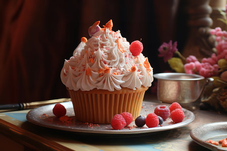 The cupcake is perfectly frosted, with a swirl of creamy frosting on top. It is decorated with colorful sprinkles and a cherryの素材