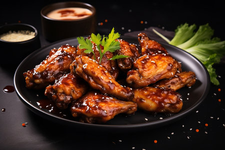 A mouth-watering image of chicken wings coated in a golden-brown sesame seed crust, and presented on a striking black plate.の素材