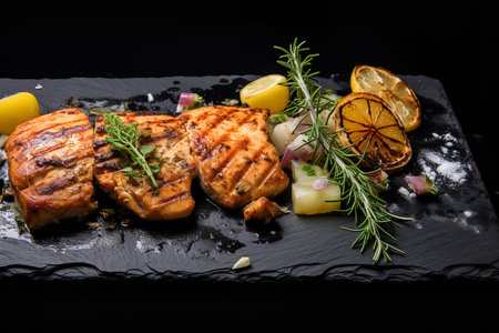 A close-up of a delectable grilled salmon filet, served on a white plate with lemon wedges and rosemary sprigs. The salmon is perfectly cooked, with flaky flesh and a golden-brown crust.の素材