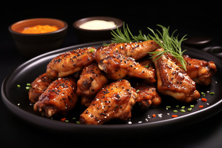 A tantalizing plate of chicken wings coated in a golden-brown sesame seed crust, served with dipping sauce and celery sticks.の素材