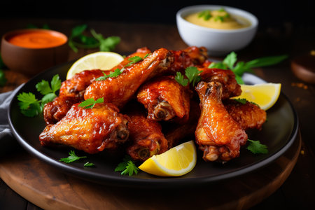 a plate of golden brown chicken wings with a side of lemon wedges, a classic and delicious appetizer or main course. The chicken wings are perfectly cooked, with a crispy outer layer and a juicy interiorの素材