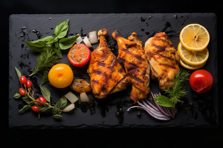 Aplatizing grilled chicken wings served on a slate plate, accompanied by a medley of roasted vegetables, including carrots, celery, bell peppers, and tomatoes.の素材