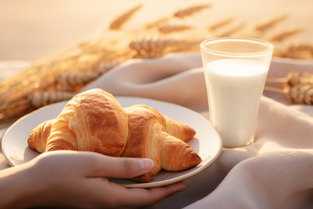 a plate of two golden brown croissants with a glass of milk on a wooden table, a classic and delicious breakfast or snack. The croissants are perfectly flaky and buttery, with a hint of sweetnessの素材