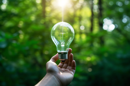 A hand holds up a lit lightbulb against a background of green forest. The lightbulb is turned on, and its light casts a warm glow on the hand and the surrounding trees.の素材