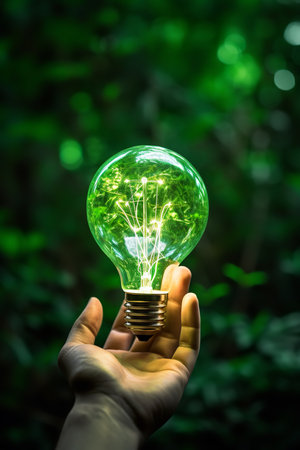 A hand holds a green light bulb against the backdrop of a vibrant, green forest. The light bulb is lit, casting a soft, green glow on the person's hand and the surrounding treesの素材