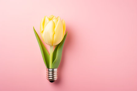 A yellow tulip growing out of a light bulb on a pink background is a surreal and whimsical image that evokes feelings of spring, hope, and new beginnings.の素材