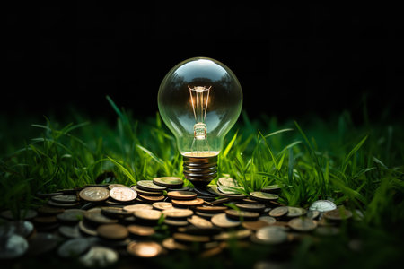a light bulb on a pile of coins, symbolizing the power of knowledge and innovation to generate wealth and prosperity. The contrast between the bright light bulb and the gleaming coins is strikingの素材