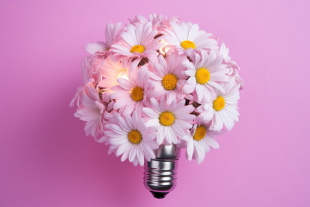 a light bulb filled with daisies on a pink background, symbolizing the power of new ideas to blossom and flourish, and the beauty and hope that new beginnings can bring.の素材
