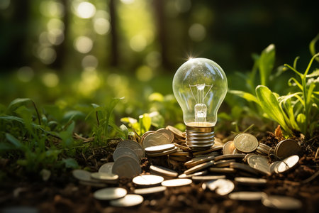 The light bulb represents new ideas and innovation, the coins represent financial resources, and the plant represents growth and abundance.の素材
