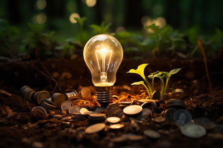 a light bulb sitting on top of a pile of coins. The light bulb is glowing brightly, and the coins are scattered around it. The image is a symbol of wealth, success, and the power of ideas.の素材