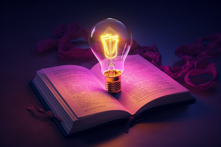 A glowing light bulb sitting on an open book is a powerful symbol of knowledge, learning, and the power of ideas. The light bulb represents the illumination of the mind and the discovery of new insightsの素材