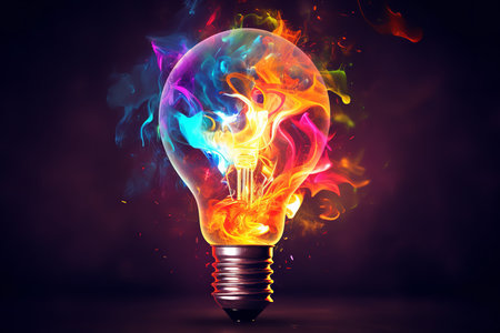 Light bulb with colorful smoke coming out, symbolizing creativity, innovation, and the power of ideas.の素材