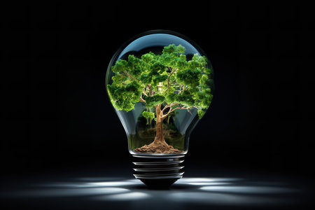 a lightbulb with a tree inside is a powerful and hopeful symbol of the power of creativity and sustainability to bring about new beginnings.の素材