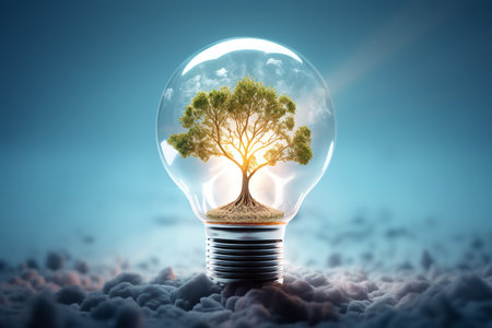 a glowing lightbulb with a cityscape inside, symbolizing the power of creativity and technology to illuminate the future of sustainable cities.の素材