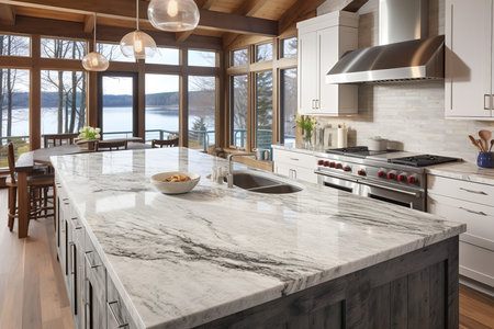 A large, modern kitchen with a marble countertop, stainless steel appliances, and white cabinets. The kitchen has a spacious and inviting atmosphere, with clean lines and plenty of natural light.の素材