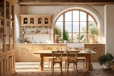A spacious and inviting modern kitchen with a wooden table and chairs, stainless steel appliances, white cabinets with sleek lines, and a subway tile backsplash.の素材