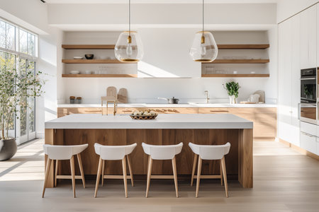A kitchen with a large island, breakfast bar, stainless steel appliances, white cabinets, and a subway tile backsplash. The kitchen has a modern and minimalist design, with clean lines and plenty of natural light.の素材